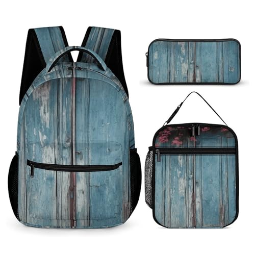 HETVBNS Vintage Blau Holz Rucksack Set 3 Stück Robuster Rucksack Isolierte Lunchtasche Tragbares Federmäppchen für Männer Frauen von HETVBNS