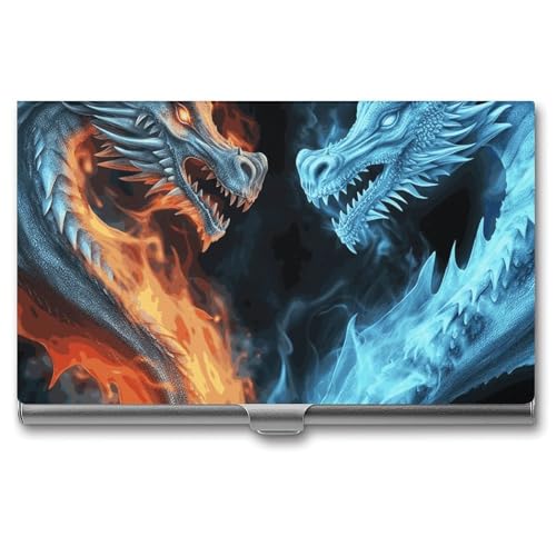 HETVBNS Visitenkartenetui aus Metall, Eis- und Feuerdrachen, professioneller Karten-Organizer, Kredit-Träger, schlanker Namenskartenhalter, Ausweishülle für Männer oder Frauen, Eis- und Feuerdrachen von HETVBNS