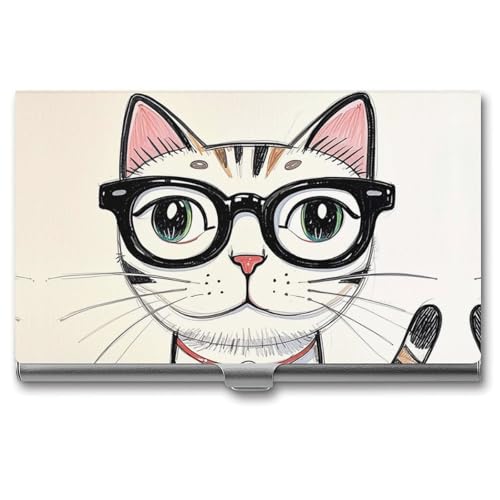 HETVBNS Visitenkartenhalter Metall Visitenkartenetui Design Hipster Katze Kätzchen Brille Professioneller Kartenorganizer Kreditträger Slim Namenskarten Halter ID Hülle für Männer oder Frauen Design von HETVBNS