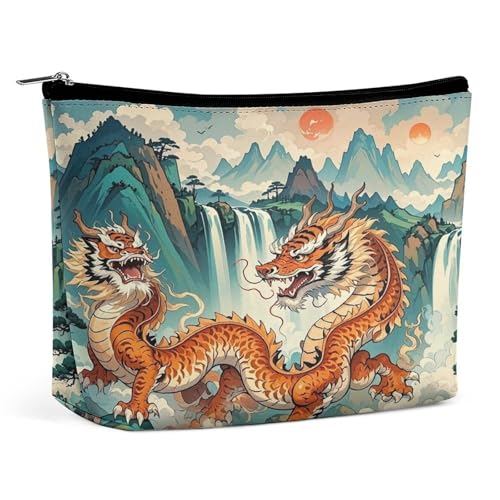 Reise-Make-up-Tasche, tragbare Kosmetiktasche für Damen, Longhu, Bergwasserfall, China, Make-up-Tasche, Organizer mit Reißverschluss, wasserdicht, offen, flach, Kulturbeutel, niedliche Make-up-Tasche von HETVBNS