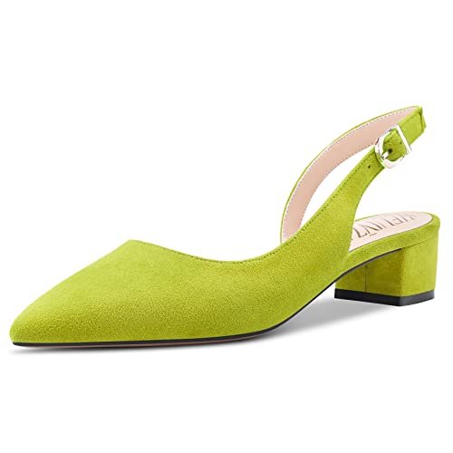 HEUIVZAR Damen Absatz Heel Dress Schuhe Spitze Zehenkappe Blockabsatz Chunky Niedrige Kitten Absatz Heel Pumps Wildleder Knöchelriemen Slingback Sandalen Casual Limonengrün 3.5 cm 43 EU von HEUIVZAR