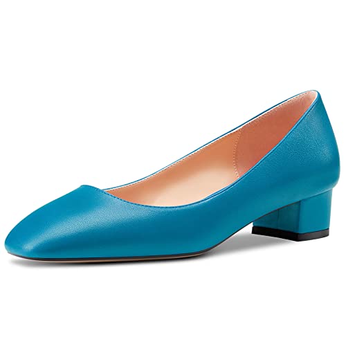 HEUIVZAR Damen Absatz Heel Pumps Eckige Zehenkappe Kitten Niedrige Blockabsatz Chunky Absatz Heel Slip-on Matt Dress Schuhe Bräutigam Urlaub Blau 3.5 cm 39 EU von HEUIVZAR