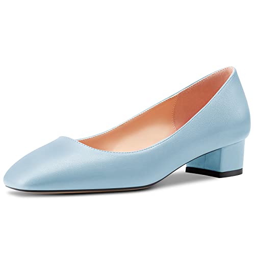 HEUIVZAR Damen Absatz Heel Pumps Eckige Zehenkappe Kitten Niedrige Blockabsatz Chunky Absatz Heel Slip-on Matt Dress Schuhe Bräutigam Urlaub Blau 7 3.5 cm 39 EU von HEUIVZAR