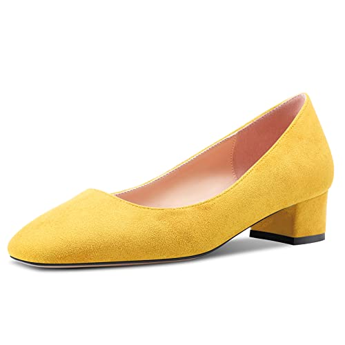HEUIVZAR Damen Absatz Heel Pumps Eckige Zehenkappe Kitten Niedrige Blockabsatz Chunky Absatz Heel Slip-on Matt Dress Schuhe Bräutigam Urlaub Gelb 3.5 cm 38 EU von HEUIVZAR