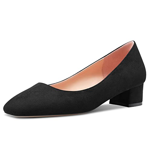 HEUIVZAR Damen Absatz Heel Pumps Eckige Zehenkappe Kitten Niedrige Blockabsatz Chunky Absatz Heel Slip-on Matt Dress Schuhe Bräutigam Urlaub Schwarz 3.5 cm 44 EU von HEUIVZAR