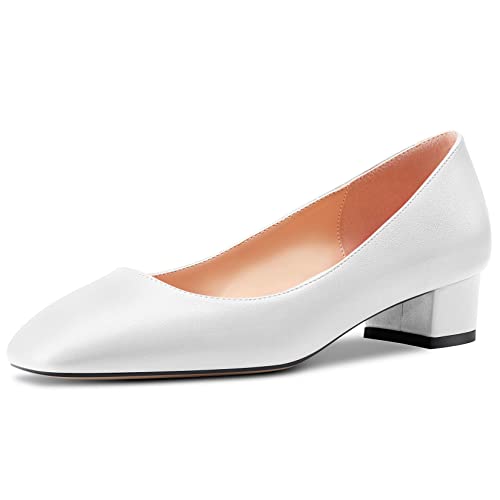 HEUIVZAR Damen Absatz Heel Pumps Eckige Zehenkappe Kitten Niedrige Blockabsatz Chunky Absatz Heel Slip-on Matt Dress Schuhe Bräutigam Urlaub Weiß 3.5 cm 38 EU von HEUIVZAR