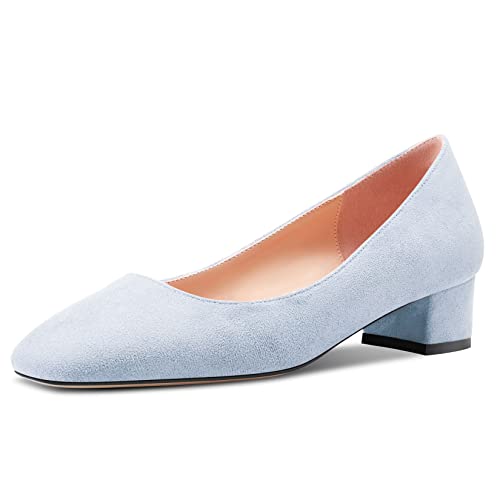 HEUIVZAR Damen Absatz Heel Pumps Eckige Zehenkappe Kitten Niedrige Blockabsatz Chunky Absatz Heel Slip-on Wildleder Dress Schuhe Bräutigam Urlaub Himmelblau 3.5 cm 38 EU von HEUIVZAR