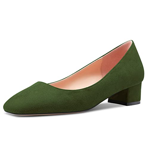 HEUIVZAR Damen Absatz Heel Pumps Eckige Zehenkappe Kitten Niedrige Blockabsatz Chunky Absatz Heel Slip-on Wildleder Dress Schuhe Bräutigam Urlaub Olive Grün 3.5 cm 41 EU von HEUIVZAR