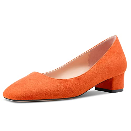 HEUIVZAR Damen Absatz Heel Pumps Eckige Zehenkappe Kitten Niedrige Blockabsatz Chunky Absatz Heel Slip-on Wildleder Dress Schuhe Bräutigam Urlaub Orange 3.5 cm 41 EU von HEUIVZAR