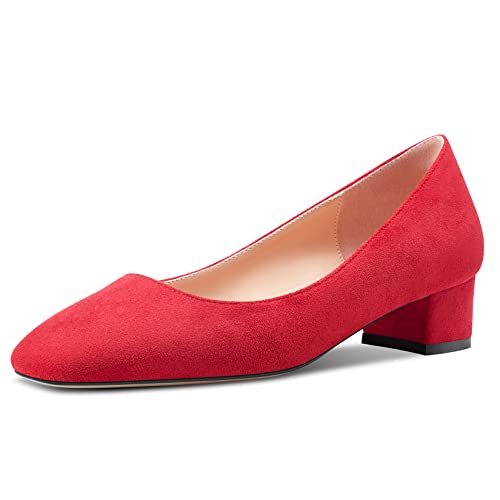 HEUIVZAR Damen Absatz Heel Pumps Eckige Zehenkappe Kitten Niedrige Blockabsatz Chunky Absatz Heel Slip-on Wildleder Dress Schuhe Bräutigam Urlaub Rot Wildleder 3.5 cm 39 EU von HEUIVZAR