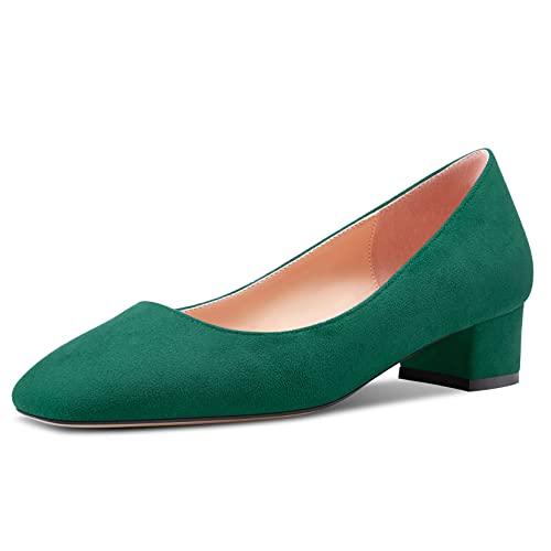 HEUIVZAR Damen Absatz Heel Pumps Eckige Zehenkappe Kitten Niedrige Blockabsatz Chunky Absatz Heel Slip-on Wildleder Dress Schuhe Bräutigam Urlaub Smaragd Grün 3.5 cm 39 EU von HEUIVZAR