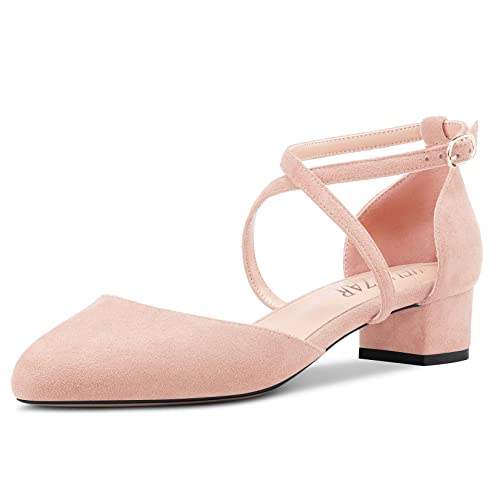 HEUIVZAR Damen Absatz Heel Pumps Runde Zehenkappe Kitten Niedrige Blockabsatz Chunky Absatz Heel Querträger Knöchelriemen Sandalen Wildleder Dress Schuhe Beige 3.5 cm 39 EU von HEUIVZAR