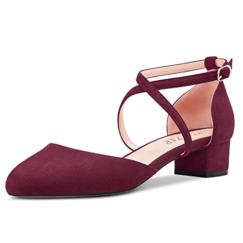 HEUIVZAR Damen Absatz Heel Pumps Runde Zehenkappe Kitten Niedrige Blockabsatz Chunky Absatz Heel Querträger Knöchelriemen Sandalen Wildleder Dress Schuhe Burgundisch Rot 3.5 cm 37 EU von HEUIVZAR