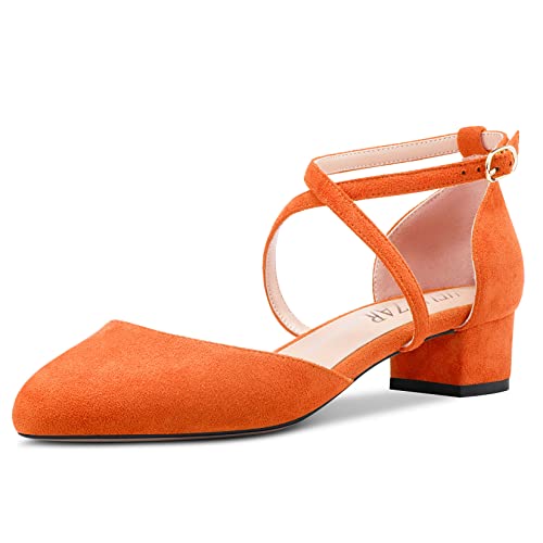 HEUIVZAR Damen Absatz Heel Pumps Runde Zehenkappe Kitten Niedrige Blockabsatz Chunky Absatz Heel Querträger Knöchelriemen Sandalen Wildleder Dress Schuhe Orange 3.5 cm 41 EU von HEUIVZAR