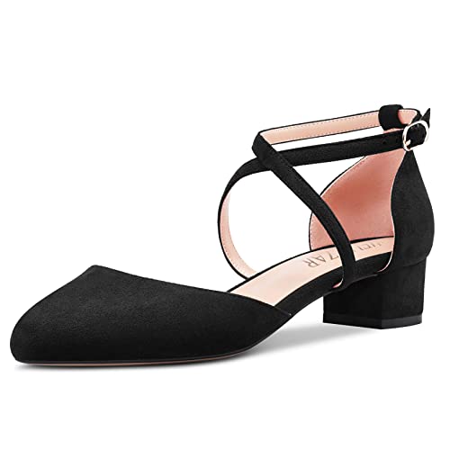 HEUIVZAR Damen Absatz Heel Pumps Runde Zehenkappe Kitten Niedrige Blockabsatz Chunky Absatz Heel Querträger Knöchelriemen Sandalen Wildleder Dress Schuhe Schwarz 3.5 cm 39 EU HEUIVZAR Damen Absatz Heel Pumps Runde Zehenkappe Kitten Niedrige Blockabsatz Chunky Absatz Heel Querträger Knöchelriemen Sandalen Wildleder Dress Schuhe Schwarz 3.5 cm 39 EU von HEUIVZAR