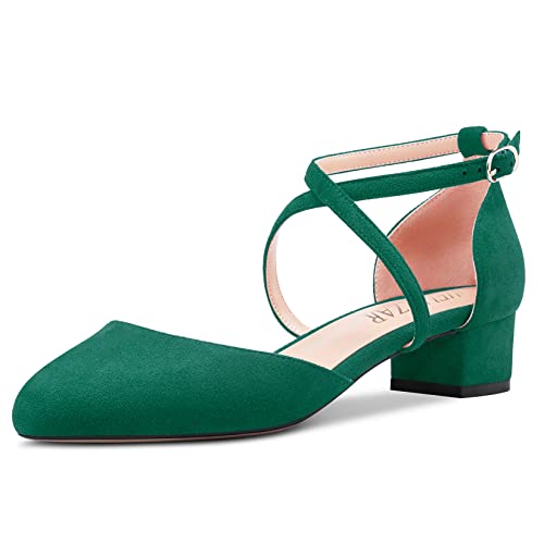 HEUIVZAR Damen Absatz Heel Pumps Runde Zehenkappe Kitten Niedrige Blockabsatz Chunky Absatz Heel Querträger Knöchelriemen Sandalen Wildleder Dress Schuhe Smaragd Grün 3.5 cm 38 EU von HEUIVZAR