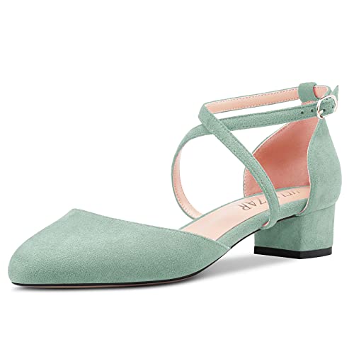HEUIVZAR Damen Absatz Heel Pumps Runde Zehenkappe Kitten Niedrige Blockabsatz Chunky Absatz Heel Querträger Knöchelriemen Sandalen Wildleder Dress Schuhe Türkis Grün 3.5 cm 40 EU von HEUIVZAR