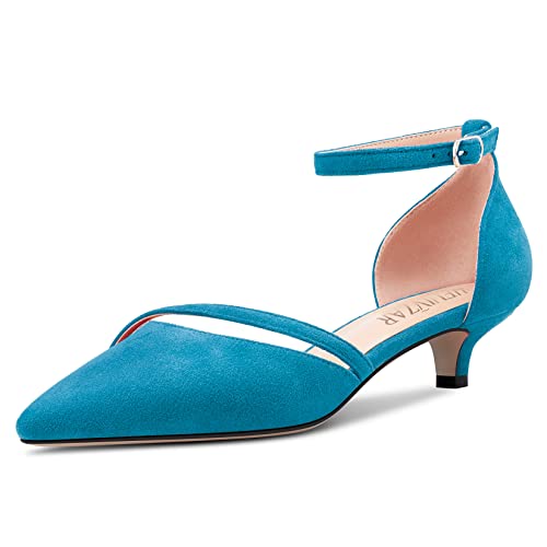 HEUIVZAR Damen Absatz Heel Pumps Spitze Zehenkappe Kitten Niedrige Absatz Heel Knöchelriemen Sandalen Wildleder Dress Schuhe Bräutigam Blau 3.5 cm 37 EU von HEUIVZAR