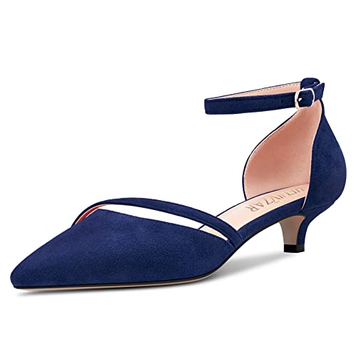 HEUIVZAR Damen Absatz Heel Pumps Spitze Zehenkappe Kitten Niedrige Absatz Heel Knöchelriemen Sandalen Wildleder Dress Schuhe Bräutigam Marineblau 3.5 cm 38 EU von HEUIVZAR