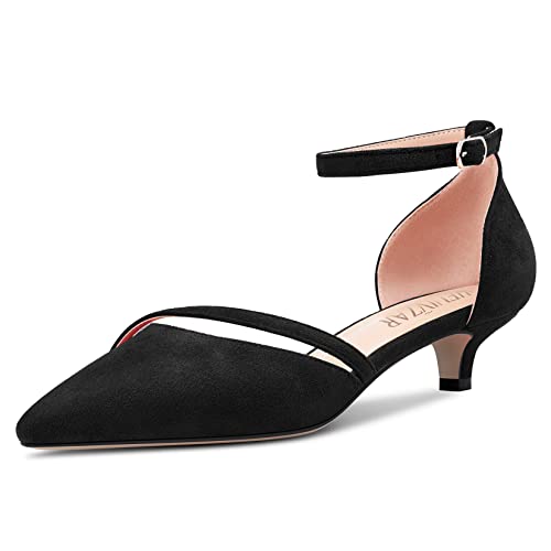 HEUIVZAR Damen Absatz Heel Pumps Spitze Zehenkappe Kitten Niedrige Absatz Heel Knöchelriemen Sandalen Wildleder Dress Schuhe Bräutigam Schwarz 3.5 cm 35 EU von HEUIVZAR