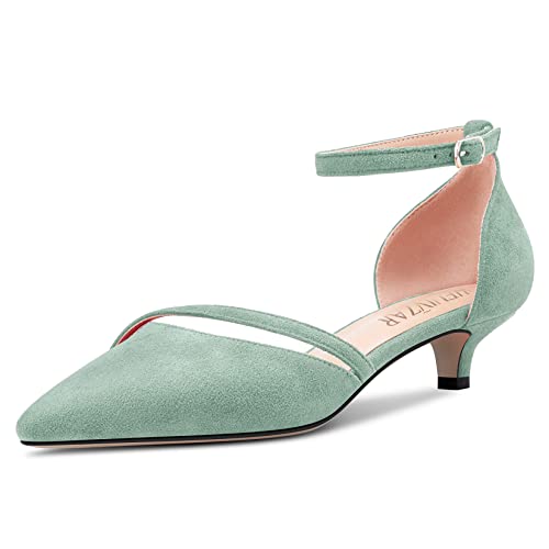 HEUIVZAR Damen Absatz Heel Pumps Spitze Zehenkappe Kitten Niedrige Absatz Heel Knöchelriemen Sandalen Wildleder Dress Schuhe Bräutigam Türkis Grün 3.5 cm 39 EU von HEUIVZAR