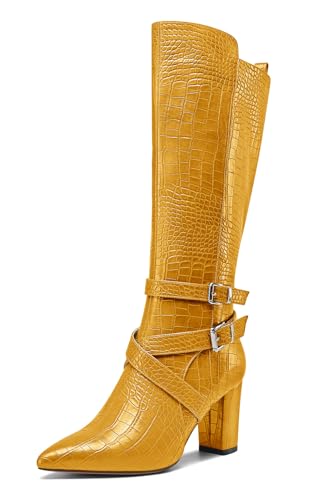 HEUIVZAR Damen Chunky Blockabsatz Absatz Heel Spitze Zehenkappe Kniehoch Stiefel Dress Lässig Reißverschluss Schnalle Mid Calf Schuhe 8 CM Heels Gelb 44 EU von HEUIVZAR
