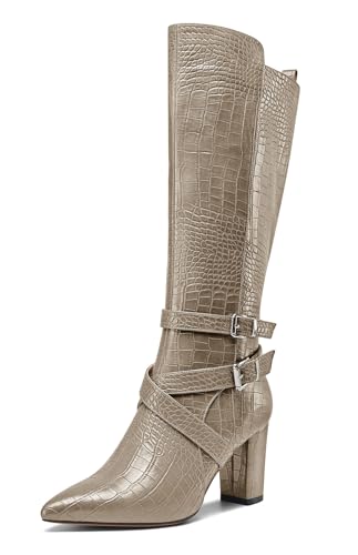 HEUIVZAR Damen Chunky Blockabsatz Absatz Heel Spitze Zehenkappe Kniehoch Stiefel Dress Lässig Reißverschluss Schnalle Mid Calf Schuhe 8 CM Heels Grau 38 EU von HEUIVZAR