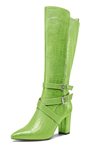 HEUIVZAR Damen Chunky Blockabsatz Absatz Heel Spitze Zehenkappe Kniehoch Stiefel Dress Lässig Reißverschluss Schnalle Mid Calf Schuhe 8 CM Heels Grün 42 EU von HEUIVZAR