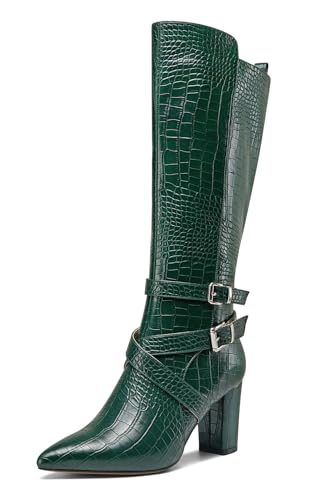 HEUIVZAR Damen Chunky Blockabsatz Absatz Heel Spitze Zehenkappe Kniehoch Stiefel Dress Lässig Reißverschluss Schnalle Mid Calf Schuhe 8 CM Heels Tiefgrün 39 EU von HEUIVZAR