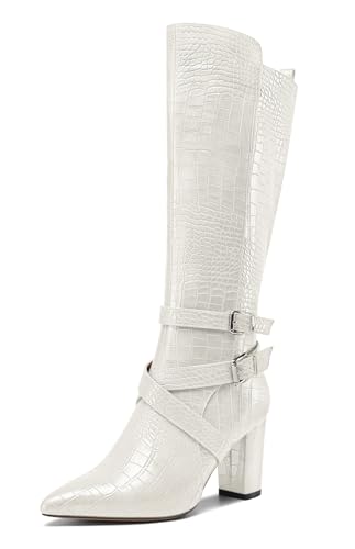 HEUIVZAR Damen Chunky Blockabsatz Absatz Heel Spitze Zehenkappe Kniehoch Stiefel Dress Lässig Reißverschluss Schnalle Mid Calf Schuhe 8 CM Heels Weiß 40 EU von HEUIVZAR