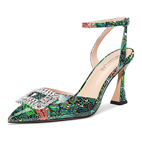 HEUIVZAR Damen Chunky Blockabsatz Hoher High Absatz Heel Spitze Zehenkappe Sandalen Knöchelriemen Schnalle Hochzeit Cute 8.5 CM Heels Grün Mehrfarbig 37 EU von HEUIVZAR