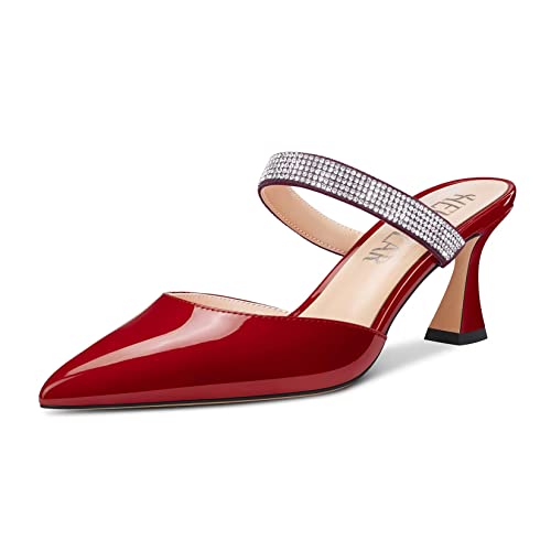 HEUIVZAR Damen Chunky Blockabsatz Mittlerem Absatz Heel Spitze Zehenkappe Sandalen Slingback Slip-on Diamant Kristall Party Dress 6.5 CM Heels Burgund Rot 44 EU von HEUIVZAR