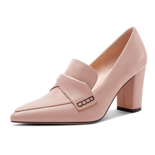 HEUIVZAR Damen Chunky Blockabsatz Mittlerem Absatz Heel Spitze Zehenkappe Slip-on Loafers Schuhe Dress Büroschuhe Lässig Schuhe 8 cm Heels Blasses Rosa 39 EU von HEUIVZAR