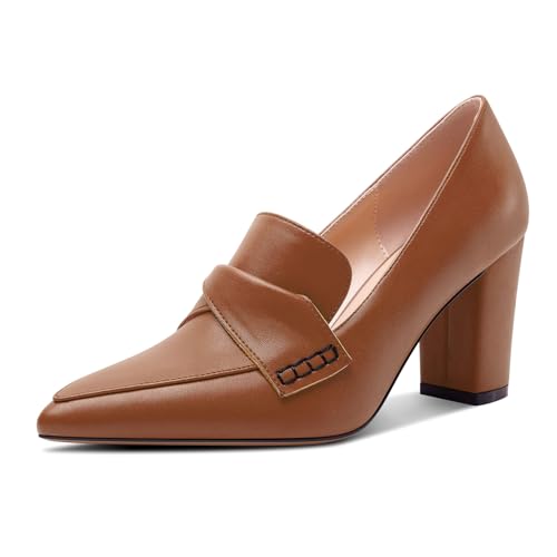 HEUIVZAR Damen Chunky Blockabsatz Mittlerem Absatz Heel Spitze Zehenkappe Slip-on Loafers Schuhe Dress Büroschuhe Lässig Schuhe 8 cm Heels Braun 37 EU von HEUIVZAR