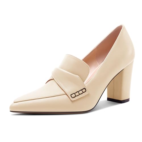 HEUIVZAR Damen Chunky Blockabsatz Mittlerem Absatz Heel Spitze Zehenkappe Slip-on Loafers Schuhe Dress Büroschuhe Lässig Schuhe 8 cm Heels Hautfarben 37 EU von HEUIVZAR