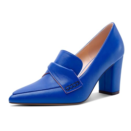 HEUIVZAR Damen Chunky Blockabsatz Mittlerem Absatz Heel Spitze Zehenkappe Slip-on Loafers Schuhe Dress Büroschuhe Lässig Schuhe 8 cm Heels Königsblau 42 EU von HEUIVZAR