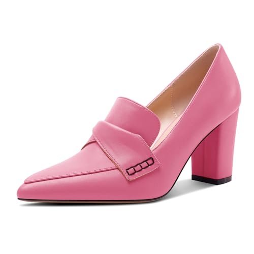 HEUIVZAR Damen Chunky Blockabsatz Mittlerem Absatz Heel Spitze Zehenkappe Slip-on Loafers Schuhe Dress Büroschuhe Lässig Schuhe 8 cm Heels Rosa 39 EU von HEUIVZAR