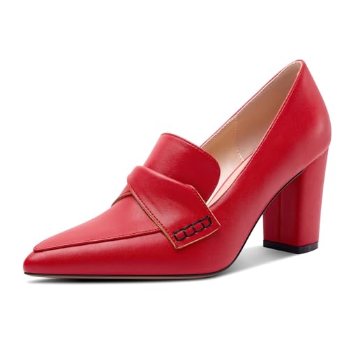 HEUIVZAR Damen Chunky Blockabsatz Mittlerem Absatz Heel Spitze Zehenkappe Slip-on Loafers Schuhe Dress Büroschuhe Lässig Schuhe 8 cm Heels Rot 42 EU von HEUIVZAR