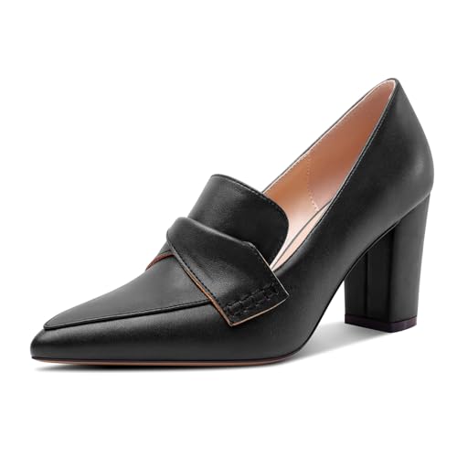 HEUIVZAR Damen Chunky Blockabsatz Mittlerem Absatz Heel Spitze Zehenkappe Slip-on Loafers Schuhe Dress Büroschuhe Lässig Schuhe 8 cm Heels Schwarz A 42 EU von HEUIVZAR