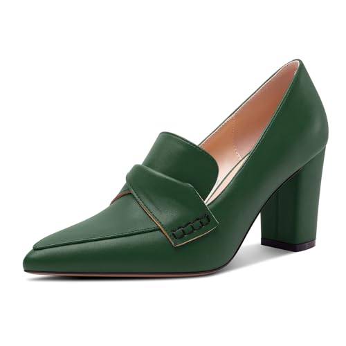 HEUIVZAR Damen Chunky Blockabsatz Mittlerem Absatz Heel Spitze Zehenkappe Slip-on Loafers Schuhe Dress Büroschuhe Lässig Schuhe 8 cm Heels Tiefgrün 40 EU von HEUIVZAR
