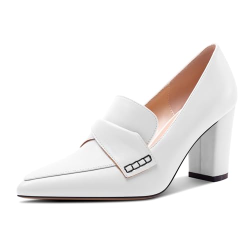 HEUIVZAR Damen Chunky Blockabsatz Mittlerem Absatz Heel Spitze Zehenkappe Slip-on Loafers Schuhe Dress Büroschuhe Lässig Schuhe 8 cm Heels Weiß 37 EU von HEUIVZAR