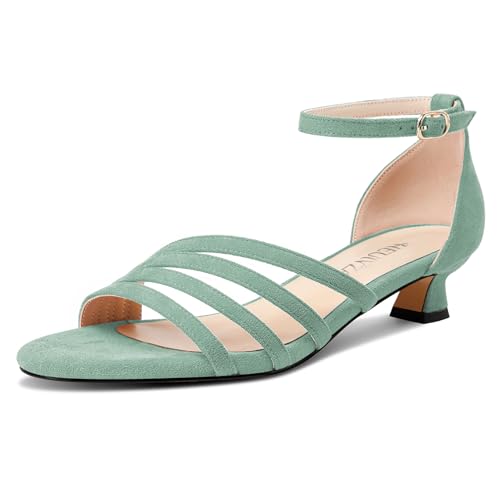 HEUIVZAR Damen Chunky Blockabsatz Niedrige Absatz Heel Open Zehenkappe Knöchelriemen Sandalen Klassisch Sommer Schnalle Dress Schuhe 3 CM Heels Blassgrün 39 EU von HEUIVZAR