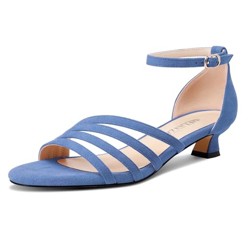 HEUIVZAR Damen Chunky Blockabsatz Niedrige Absatz Heel Open Zehenkappe Knöchelriemen Sandalen Klassisch Sommer Schnalle Dress Schuhe 3 CM Heels Blau 42 EU von HEUIVZAR