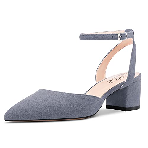 HEUIVZAR Damen Dress Schuhe Sandalen Spitze Zehenkappe Niedrige Absatz Heel Pumps Wildleder Blockabsatz Chunky Absatz Heel Hochzeit Grau 5 cm 40 EU von HEUIVZAR
