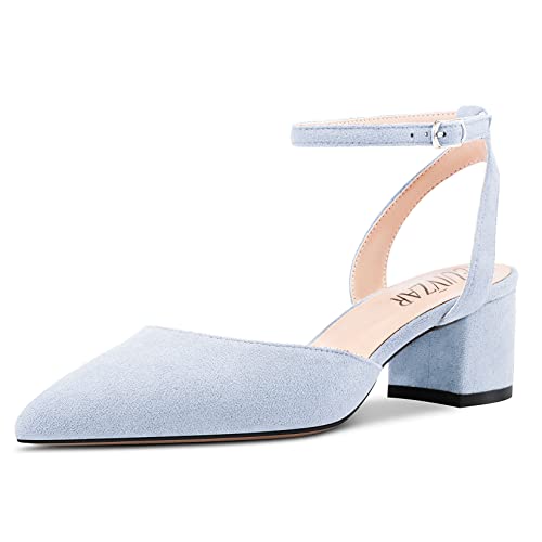 HEUIVZAR Damen Dress Schuhe Sandalen Spitze Zehenkappe Niedrige Absatz Heel Pumps Wildleder Blockabsatz Chunky Absatz Heel Hochzeit Himmelblau 5 cm 40 EU von HEUIVZAR