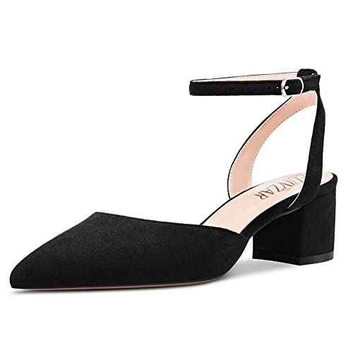 HEUIVZAR Damen Dress Schuhe Sandalen Spitze Zehenkappe Niedrige Absatz Heel Pumps Wildleder Blockabsatz Chunky Absatz Heel Hochzeit Schwarz 5 cm 43 EU von HEUIVZAR