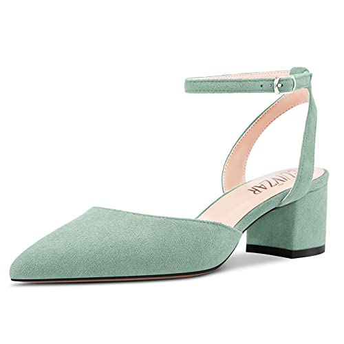 HEUIVZAR Damen Dress Schuhe Sandalen Spitze Zehenkappe Niedrige Absatz Heel Pumps Wildleder Blockabsatz Chunky Absatz Heel Hochzeit Türkis Grün 5 cm 41 EU von HEUIVZAR