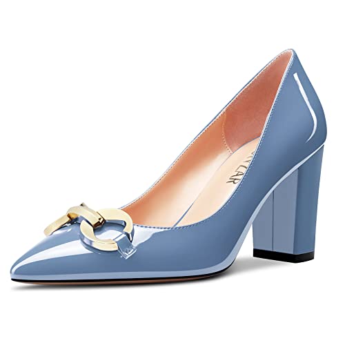 HEUIVZAR Damen Dress Spitze Zehenkappe Blockabsatz Chunky Hoher High Absatz Heel Pumps Lackleder Slip-on Schuhe Blau 3 8 cm 39 EU von HEUIVZAR