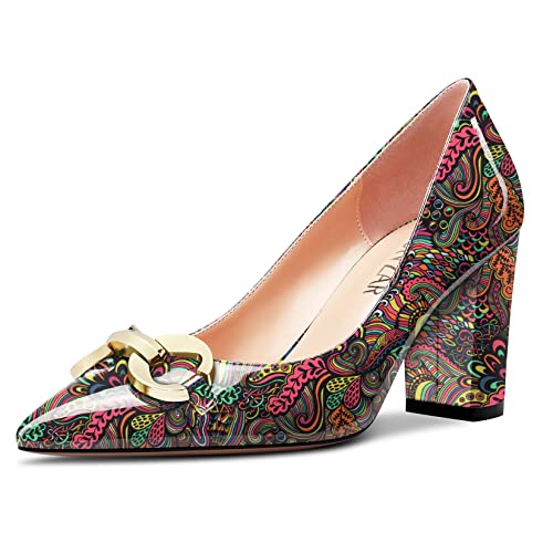 HEUIVZAR Damen Dress Spitze Zehenkappe Blockabsatz Chunky Hoher High Absatz Heel Pumps Lackleder Slip-on Schuhe Multicolore 10 8 cm 40 EU von HEUIVZAR