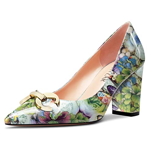 HEUIVZAR Damen Dress Spitze Zehenkappe Blockabsatz Chunky Hoher High Absatz Heel Pumps Lackleder Slip-on Schuhe Multicolore 18 8 cm 39 EU von HEUIVZAR